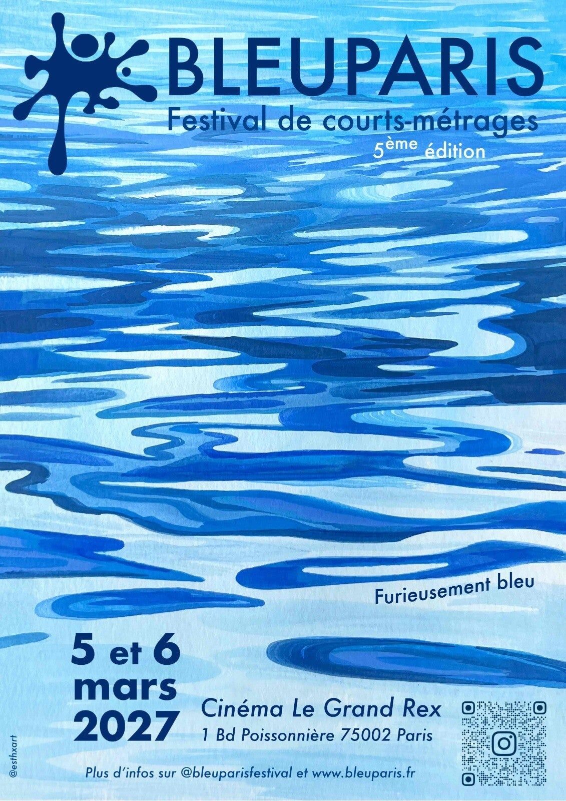 Affiche de la 5e édition du Festival Bleu Paris, 5 et 6 mars 2027 au Grand Rex : reflets d’eau bleue.