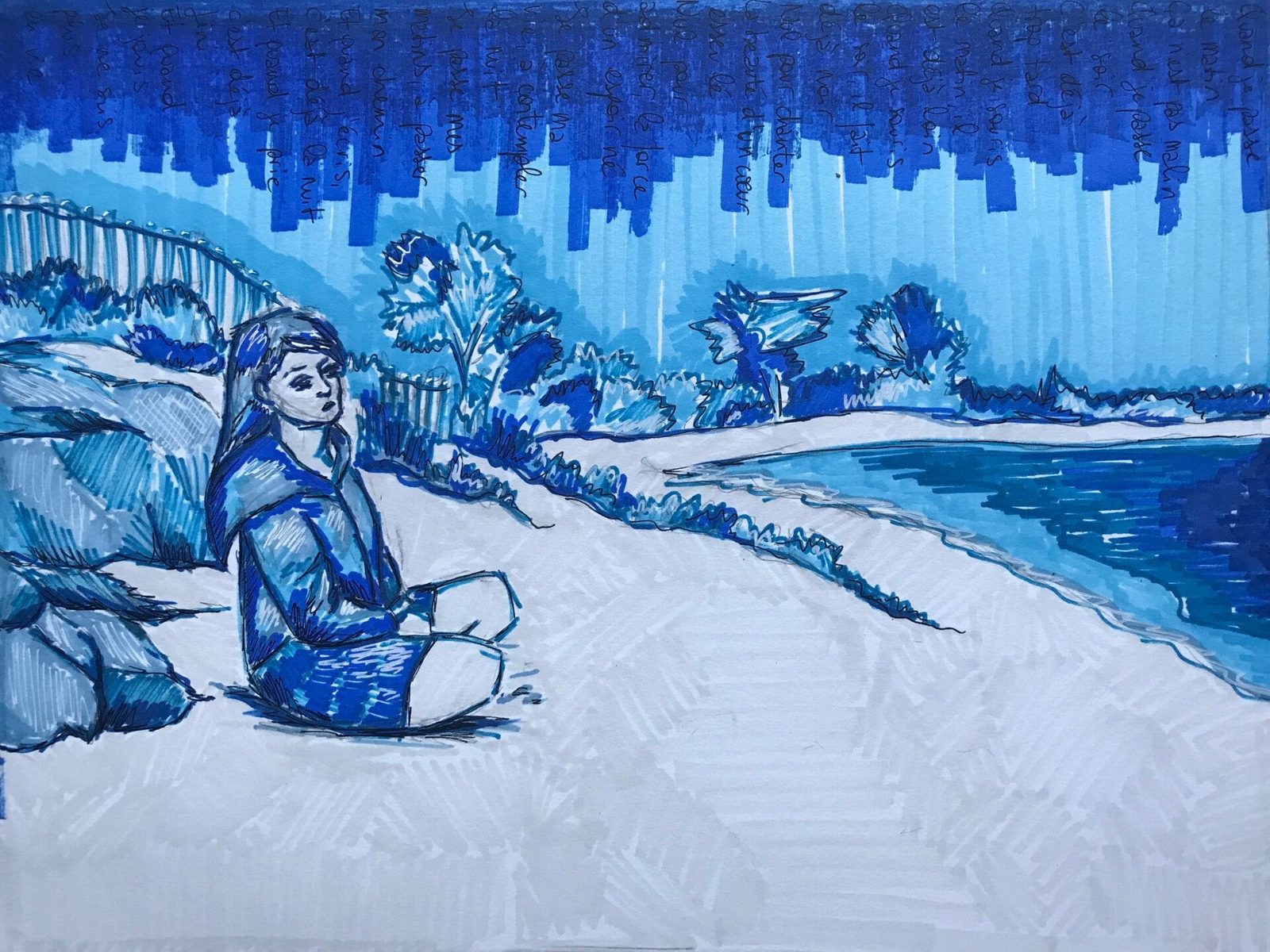 Jeune femme assise sur une plage de l’île de Ré, paysage tout en bleus.