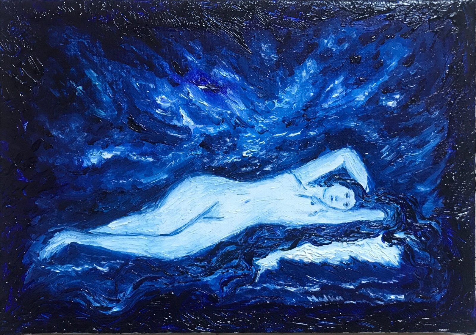 Vénus allongée sur les vagues, d’après Cabanel, en bleus profonds.
