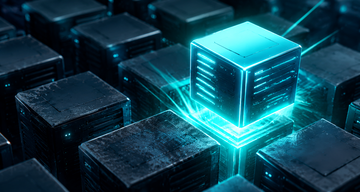 サーバーを表すブロックが新しいものに置き換わっていくアイソメトリックのイラスト
