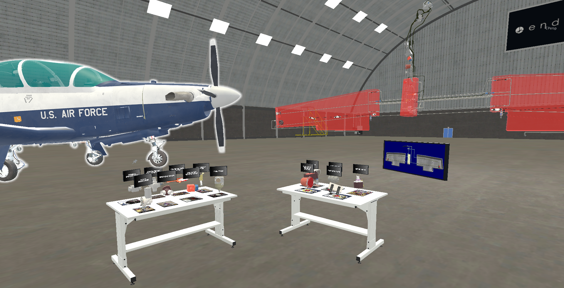 A T-6 aircraft training environment with fuel-flow components and interactive workstations.