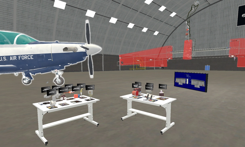 A T-6 aircraft training environment with fuel-flow components and interactive workstations.