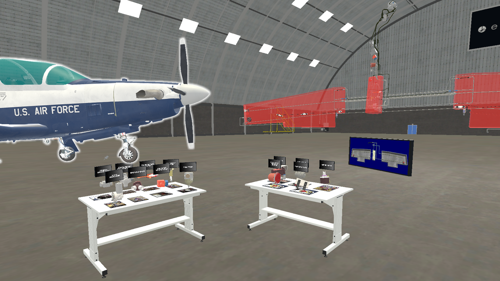 A T-6 aircraft training environment with fuel-flow components and interactive workstations.
