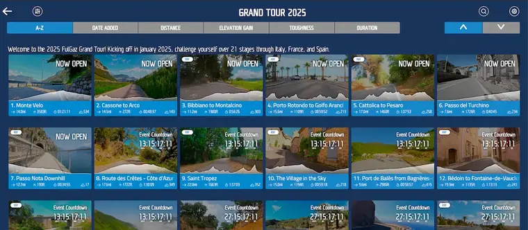 Example of FulGaz routes, above is their 2025 "Grand Tour"