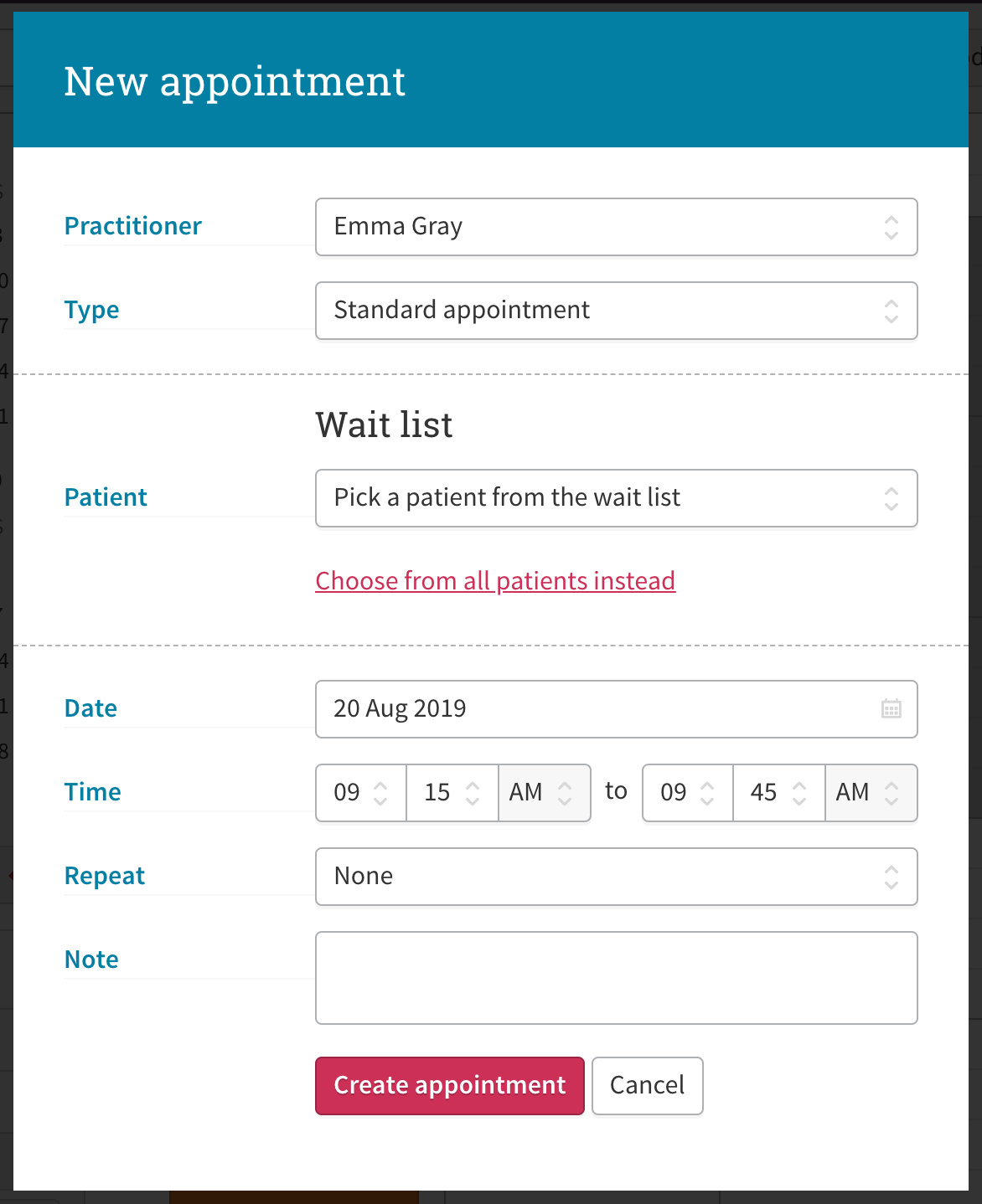 A screenshot showing how to select a patient from the wait list when creating a new appointment