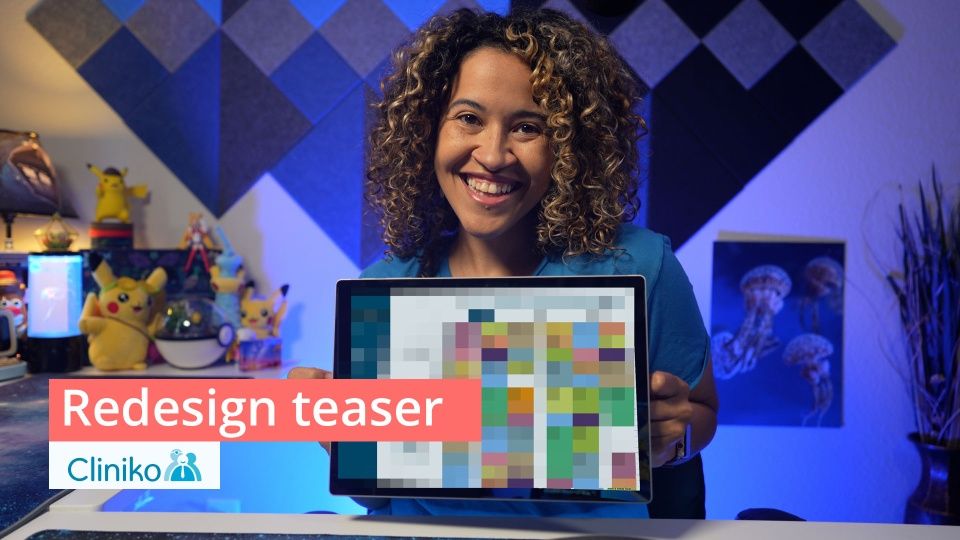 A screenshot of Rachel holding a tablet featuring new look Cliniko