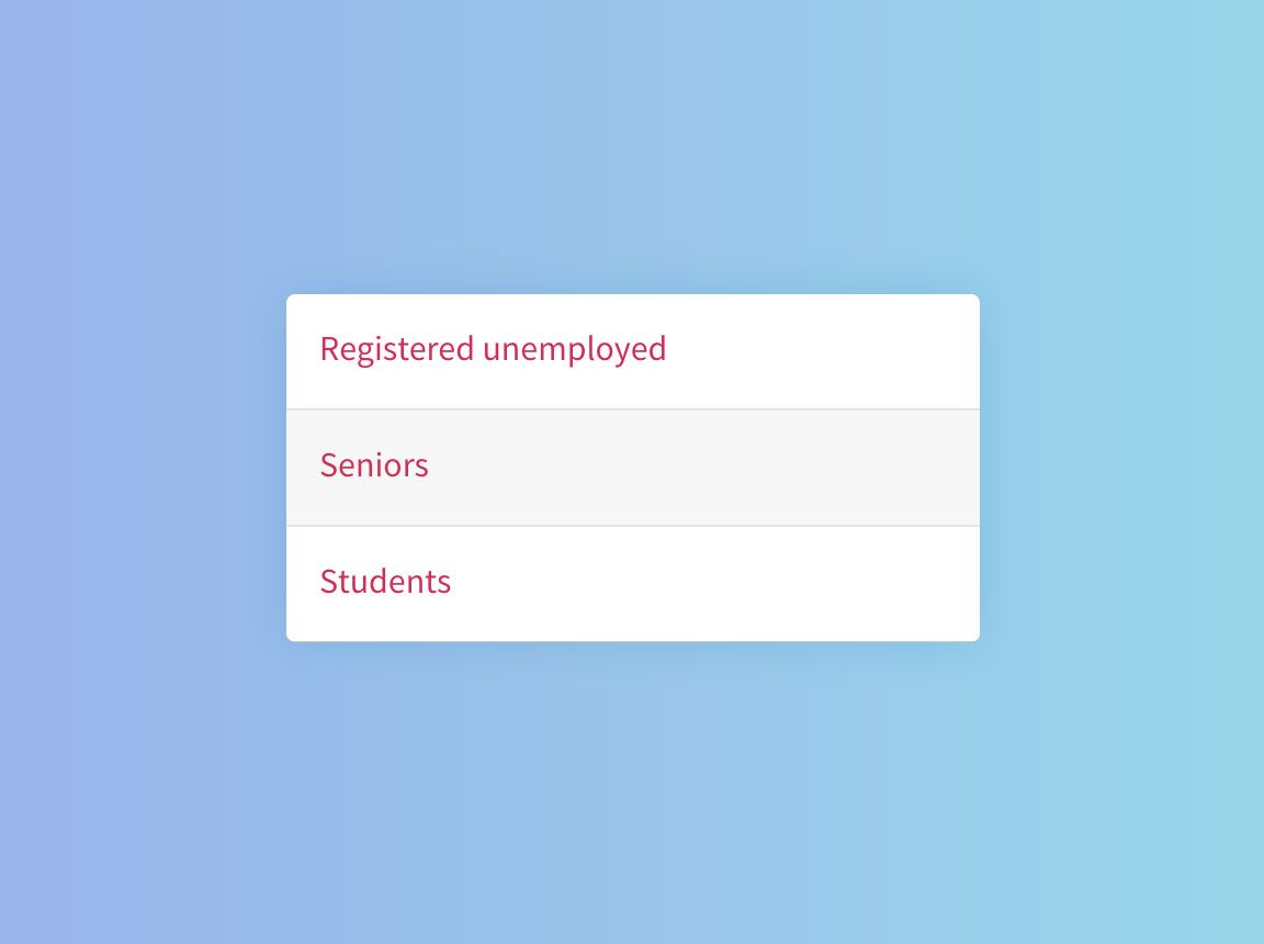 List of concession types that includes registered unemployed, students and seniors.