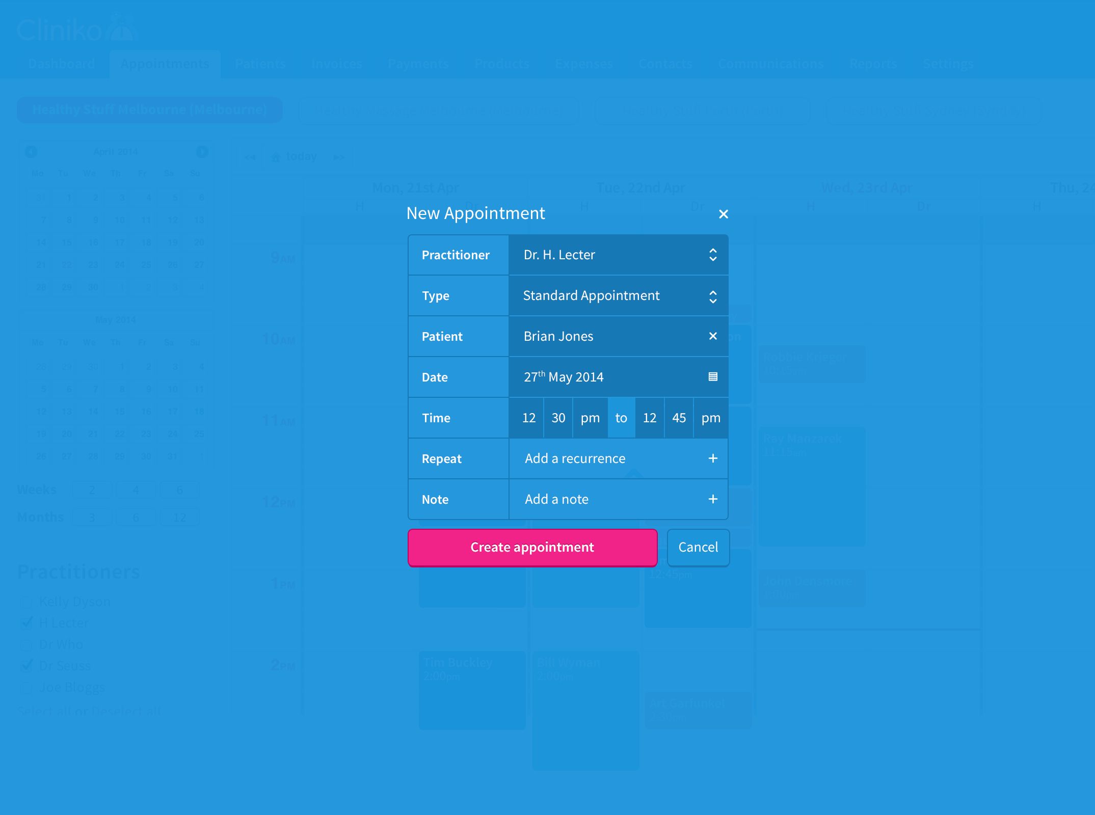 New appointment in blue modal and alternative form layout.