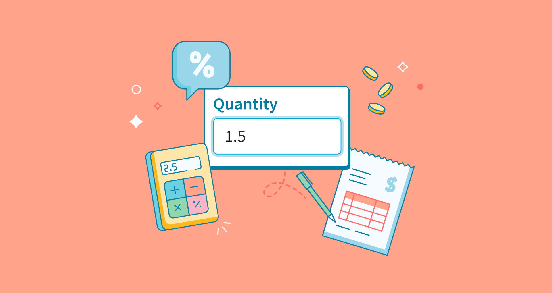 An illustration of a percentage, a calculator, and an invoice on an orange patterned background