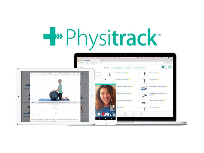 Physitrack screens in a phone, laptop and tablet. 