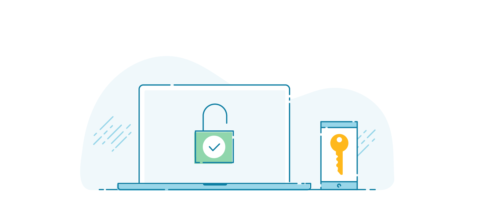 Illustration of a mobile phone screen displaying a key, beside a laptop screen displaying an open padlock. a key