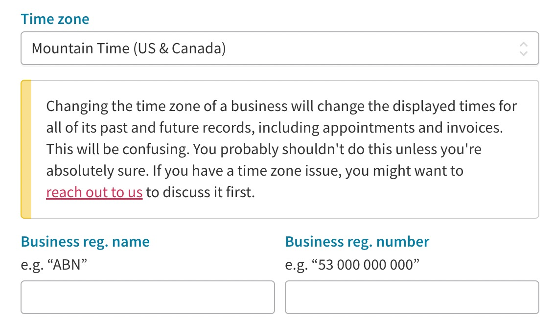 A screenshot showing an early step of setting up multiple business time zones in Cliniko