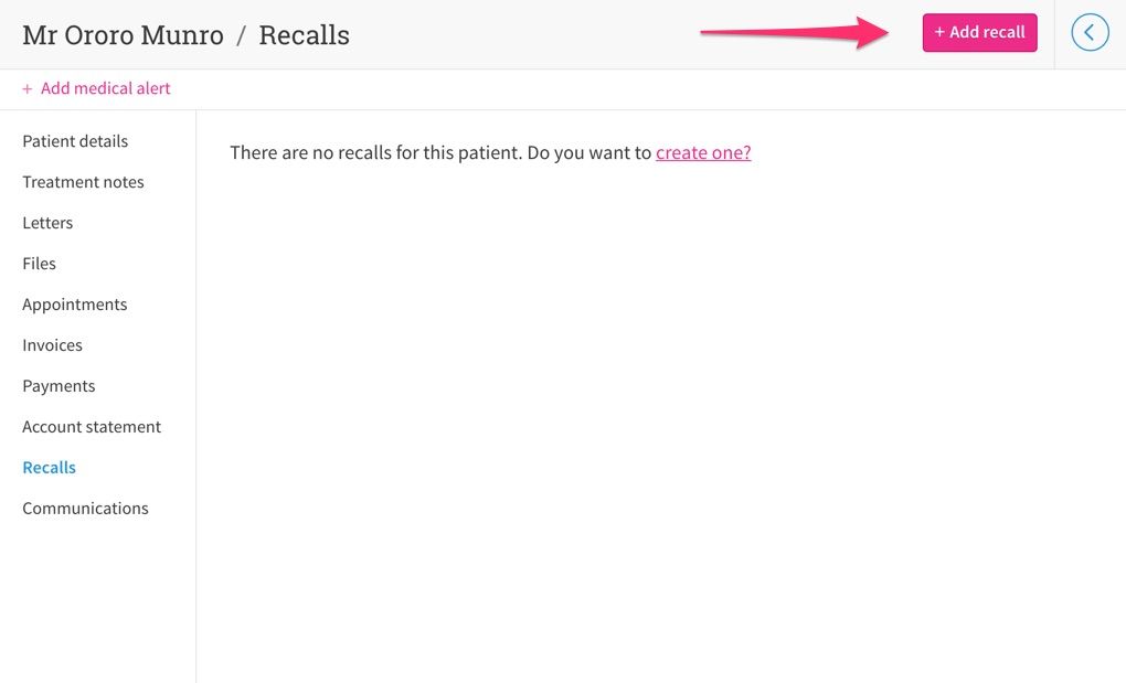 Arrow pointing to a button that adds a new recall.