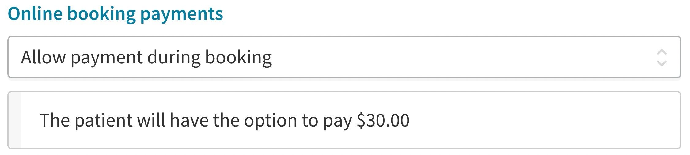 Screenshot of online booking payments setting. Allow payment during booking is selected. Text shows the patient will have the option to pay $30.00