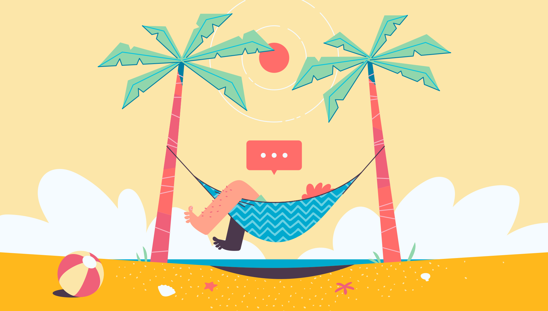 An illustration of someone working from a hammock on a sunny beach