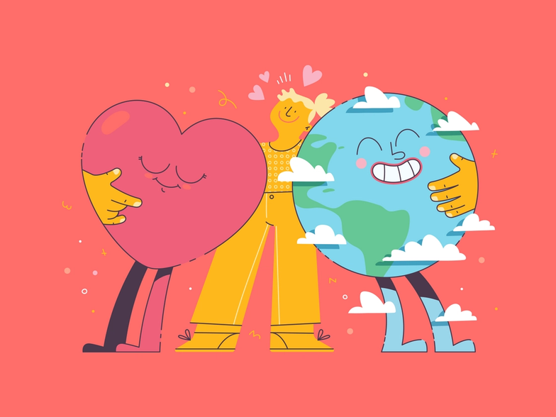 An illustration of a person hugging a heart in one arm and the Earth in another