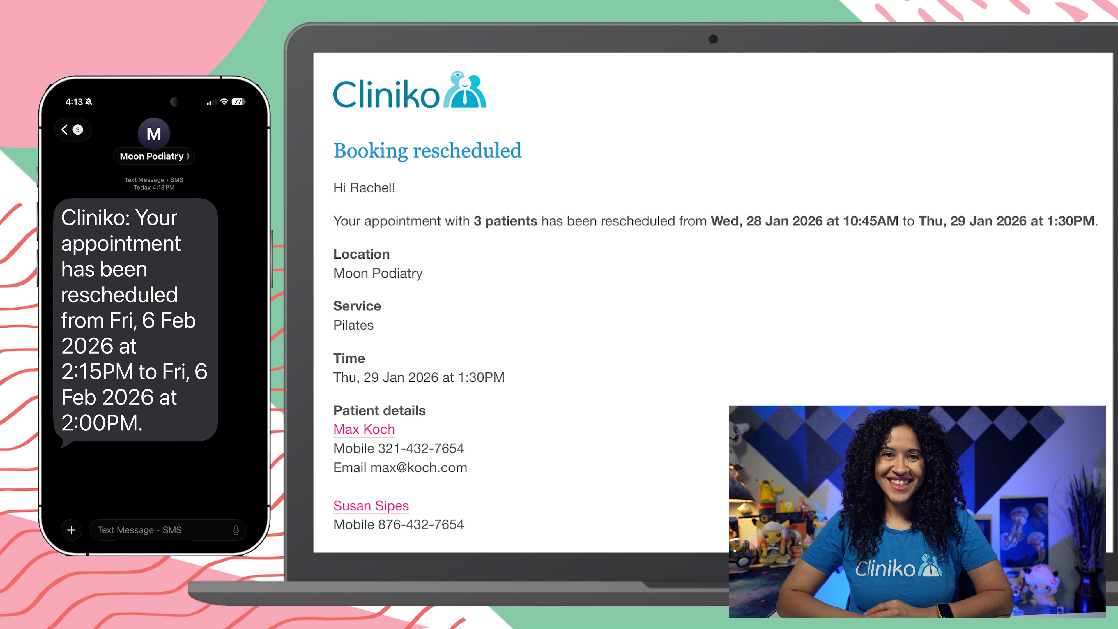 Screenshot of a booking rescheduled email from Cliniko and a mobile device displaying a rescheduled booking SMS notification.
