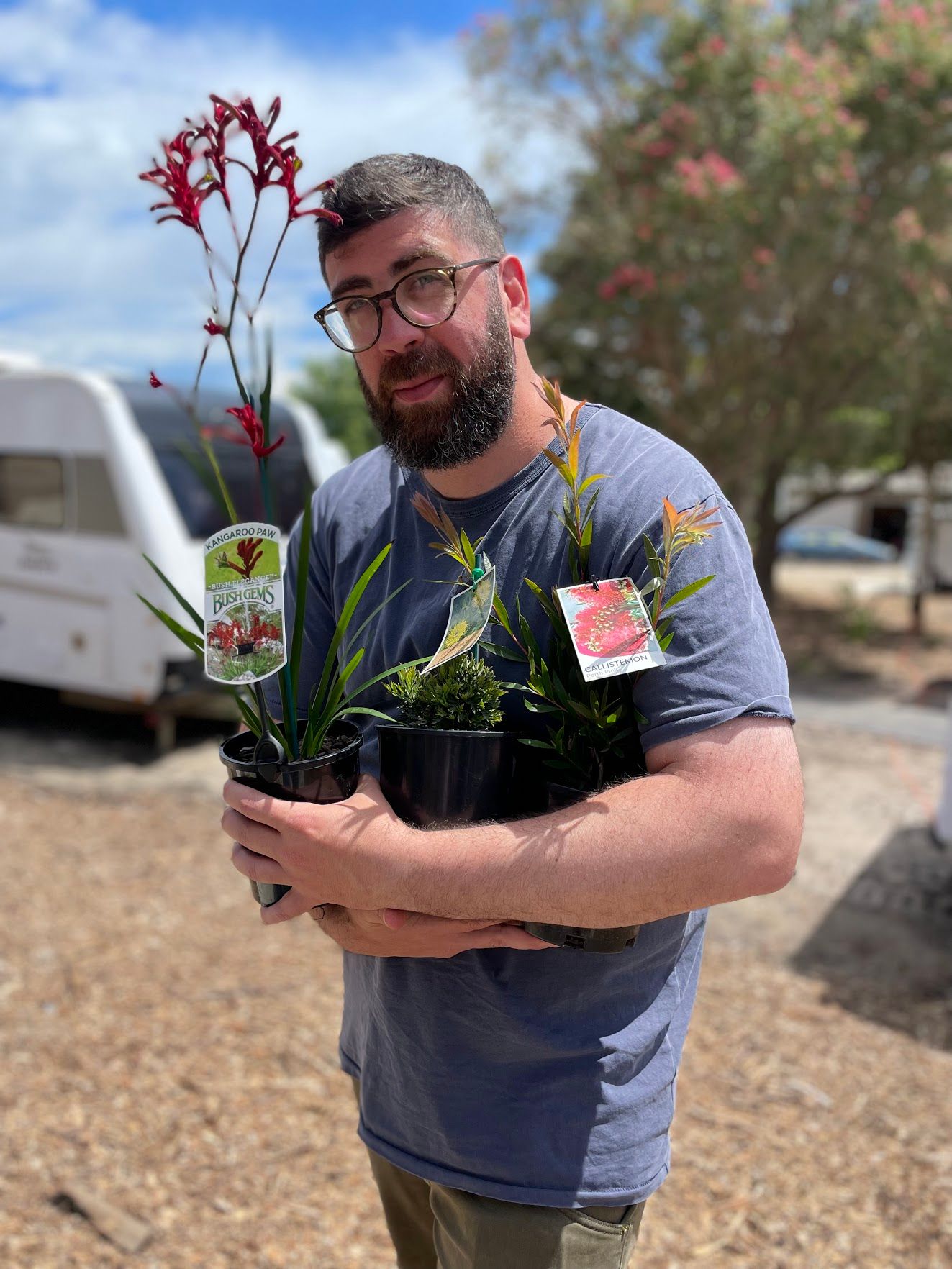 Cliniko's founder Joel with an armful of different plants in pots