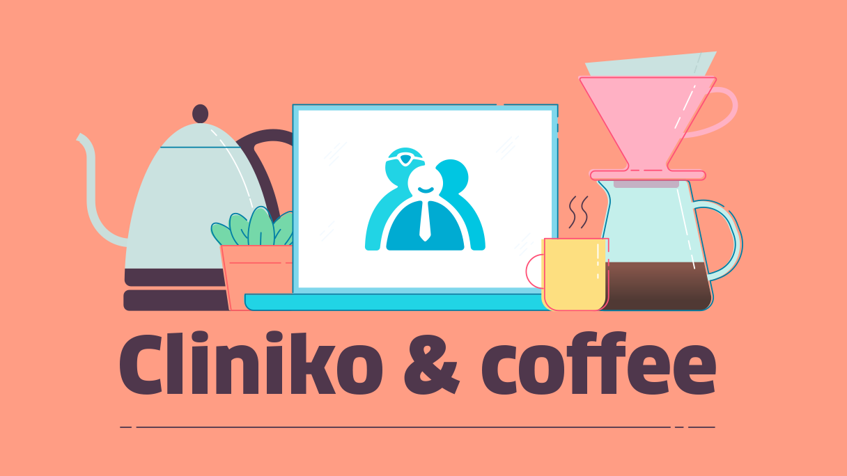 An illustration of a laptop showing a Cliniko logo, various coffee making paraphernalia, and a title "Cliniko & coffee". 