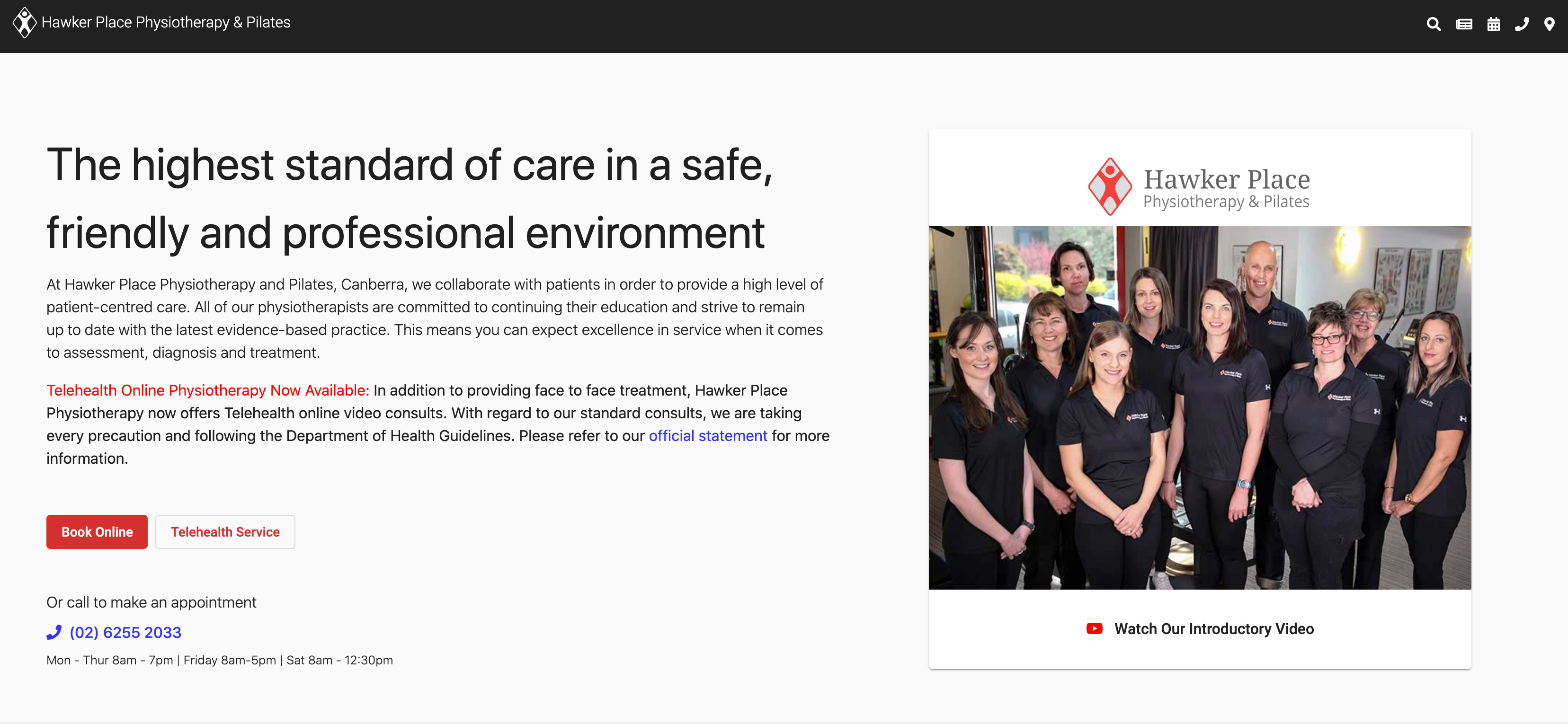 A screenshot of the Hawker Place Physiotherapy & Pilates homepage, featuring their message about COVID-19