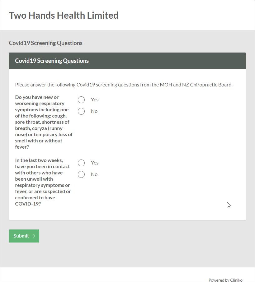 A screenshot of the COVID-19 form Two Hands Health Ltd developed to screen patients. Includes yes/no questions on symptoms or contact with others who have symptoms.
