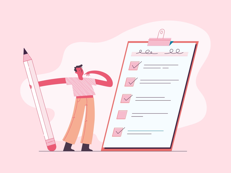 An illustration of a person holding a pencil while considering a checklist on a giant clipboard