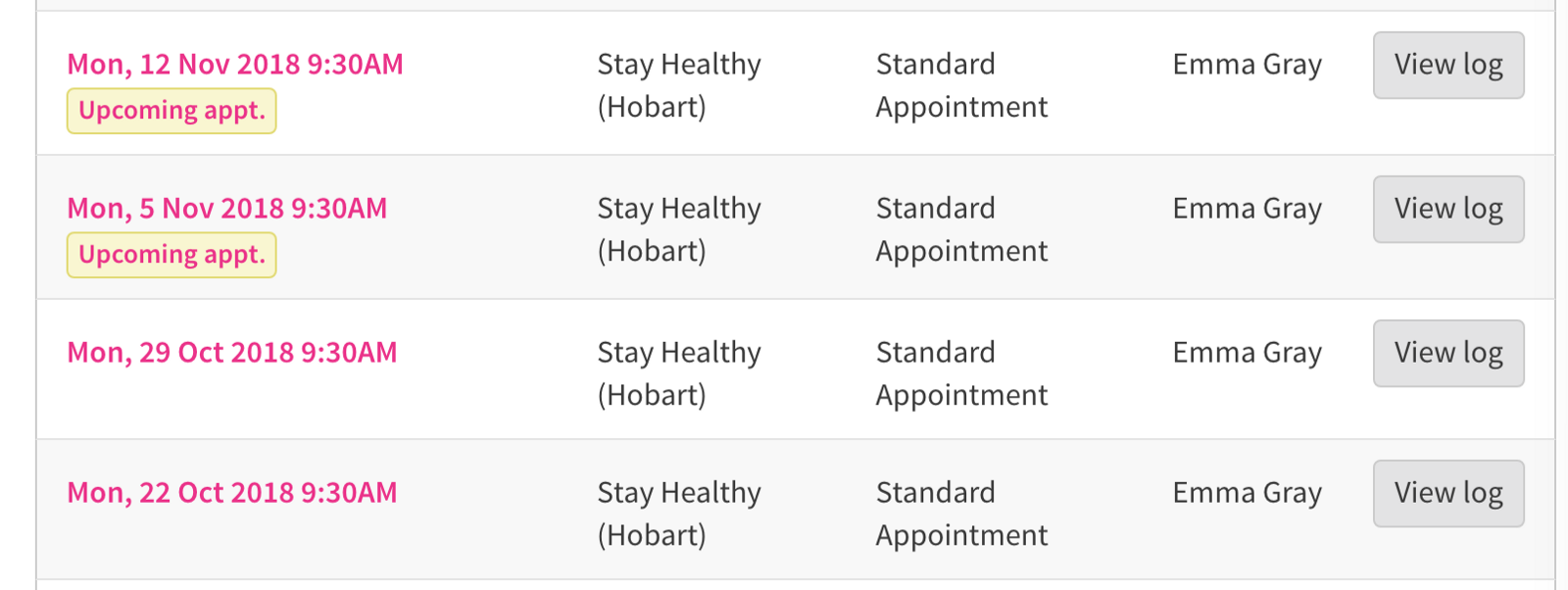 List of appointment with labels.