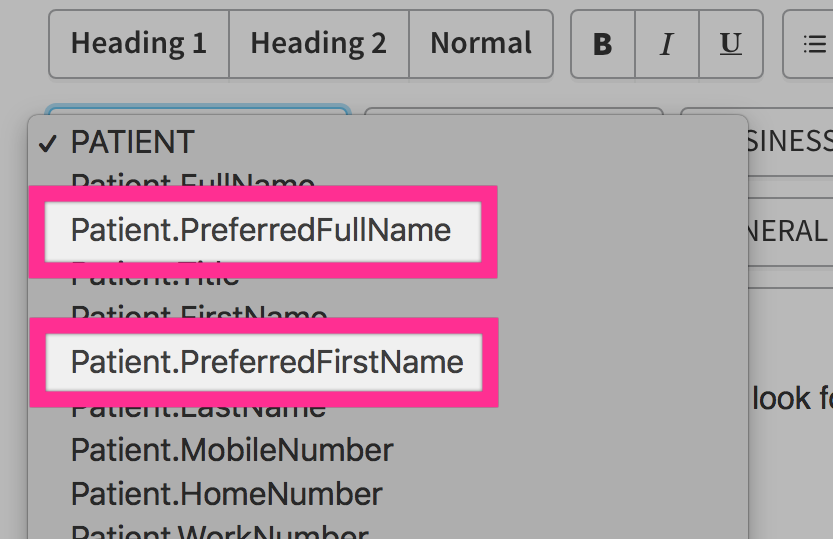 Communications template with preferred names placeholders