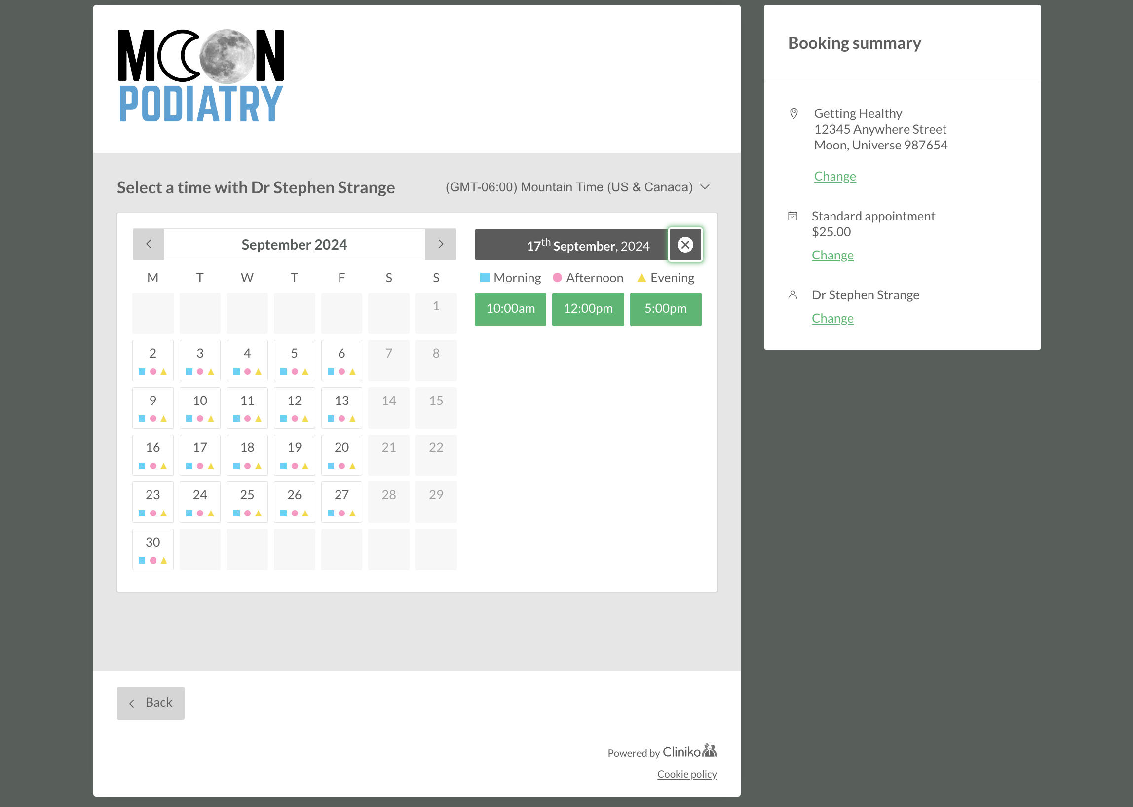 A screenshot of Cliniko's online booking calendar