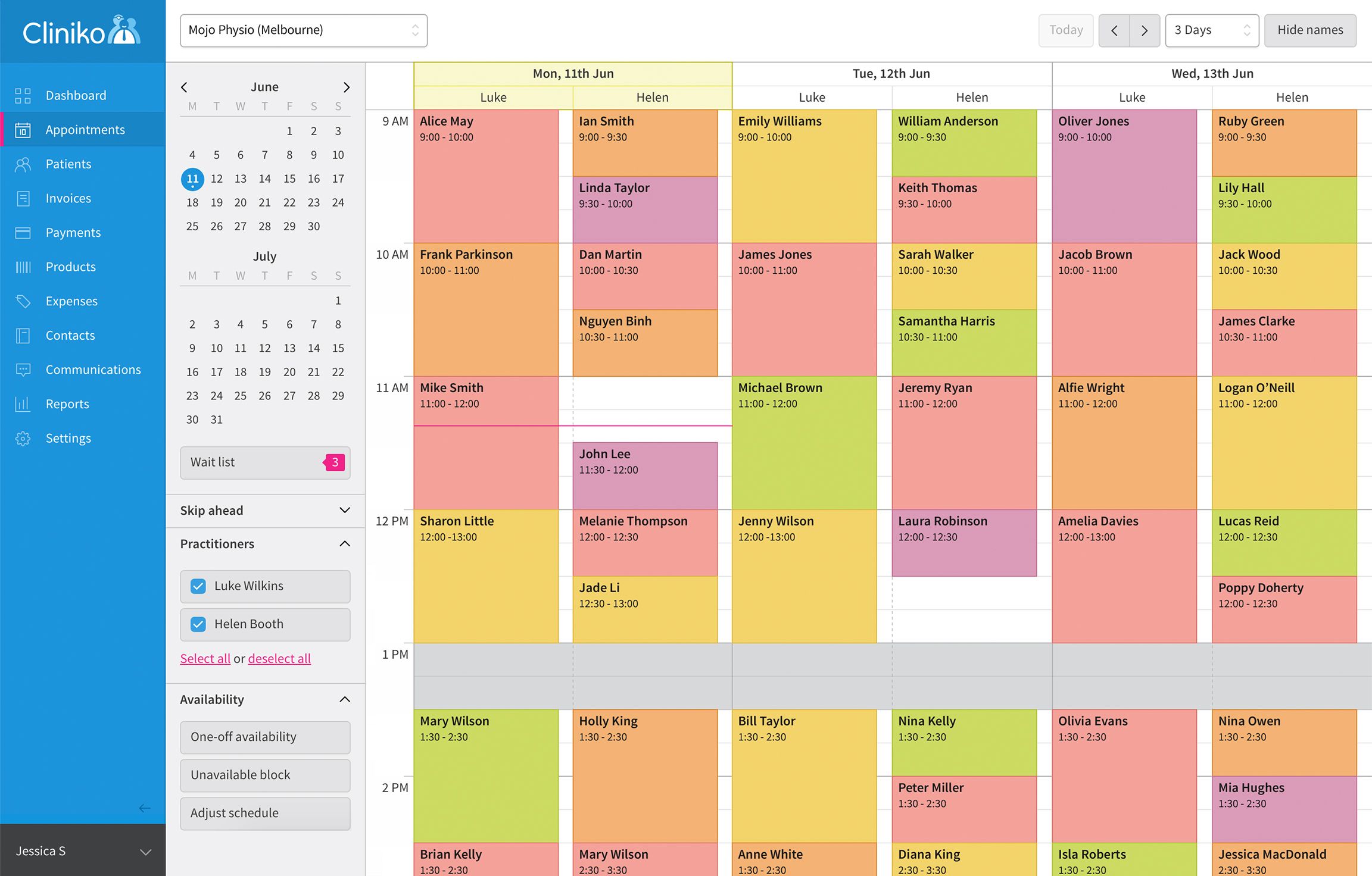 Cliniko's appointment calendar.
