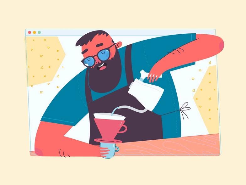 An illustration of Joel wearing black apron and making a coffee with a filter.