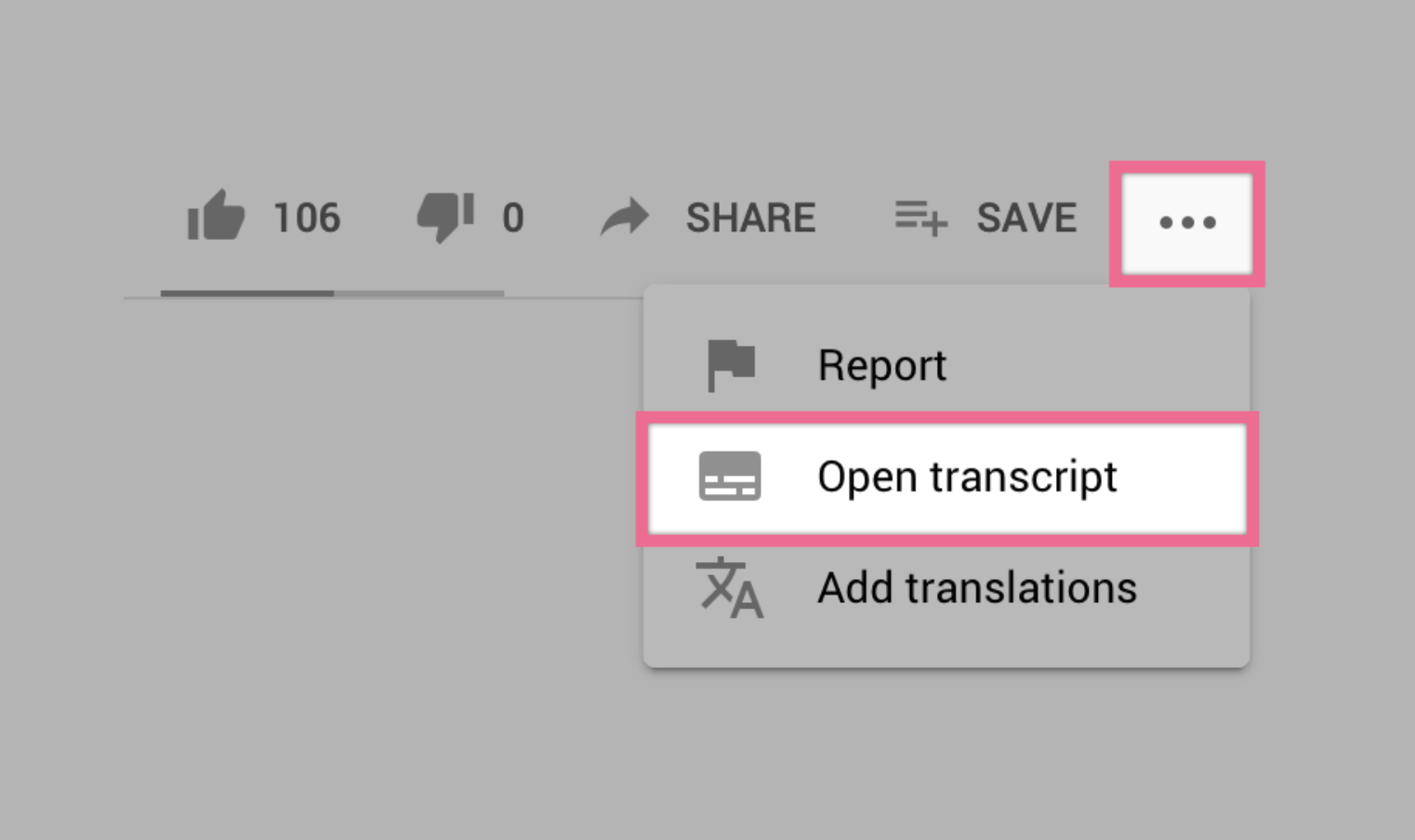 A screenshot showing how to toggle on the transcript from our telehealth guide for patients