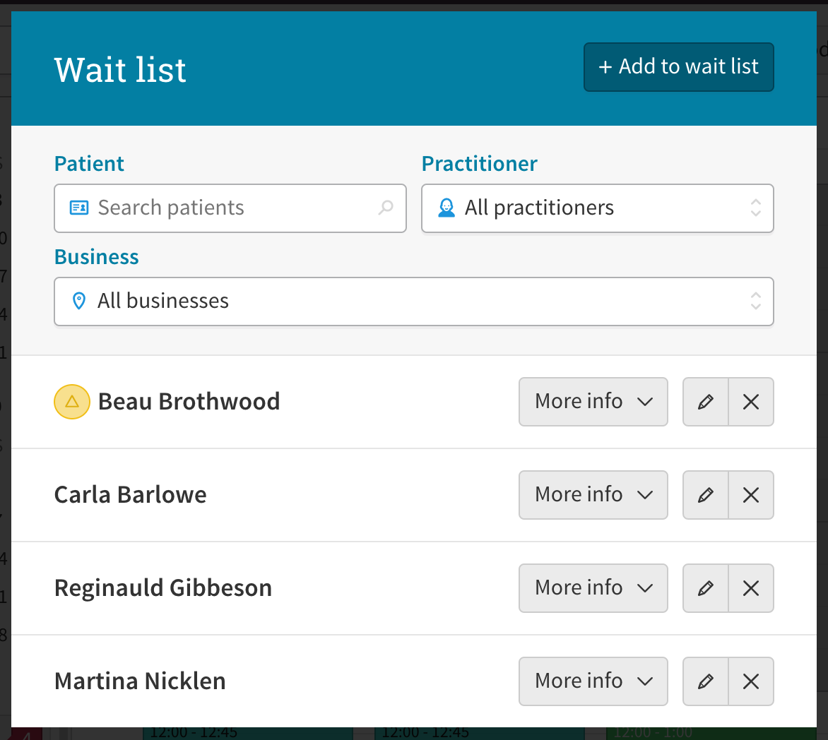 A screenshot of the wait list feature in Cliniko