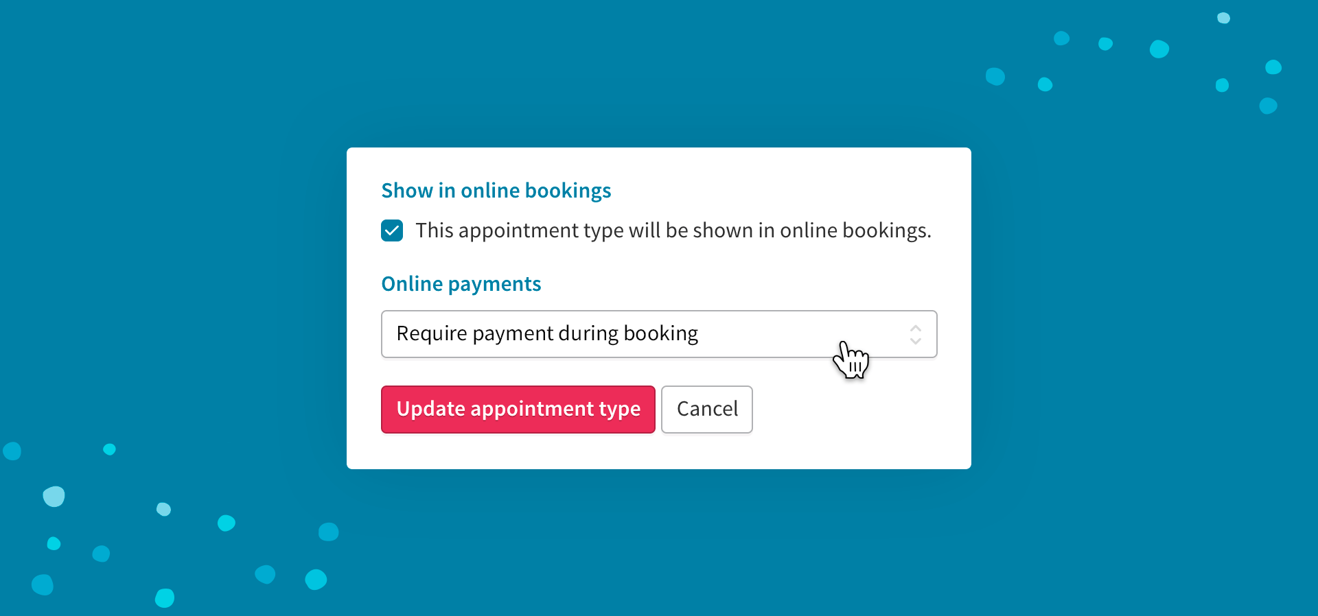 A screenshot showing a new addition to online payments, giving the option to require payment during booking.