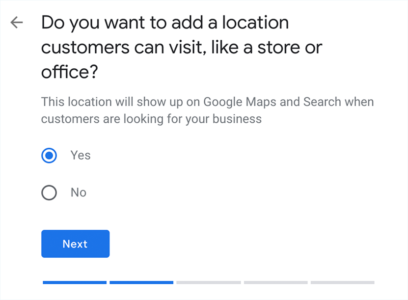 A screenshot of the Google Maps onboarding questionnaire for new businesses