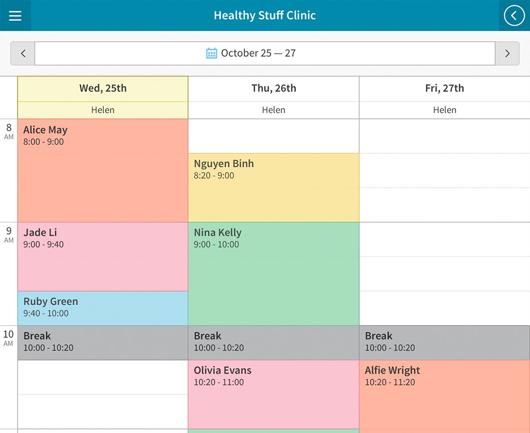 Cliniko’s appointment calendar view with booked patients and empty booking slots.
