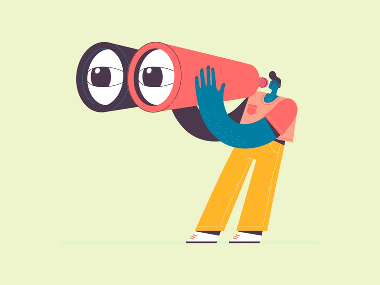 Illustration of a person looking through oversized binoculars 