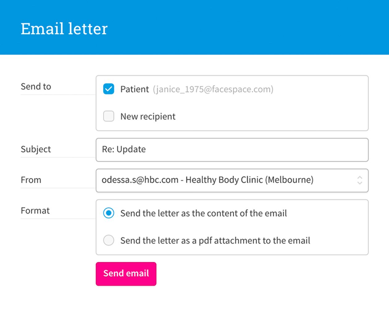 Email letter form with subject, recipient information and formatting options.