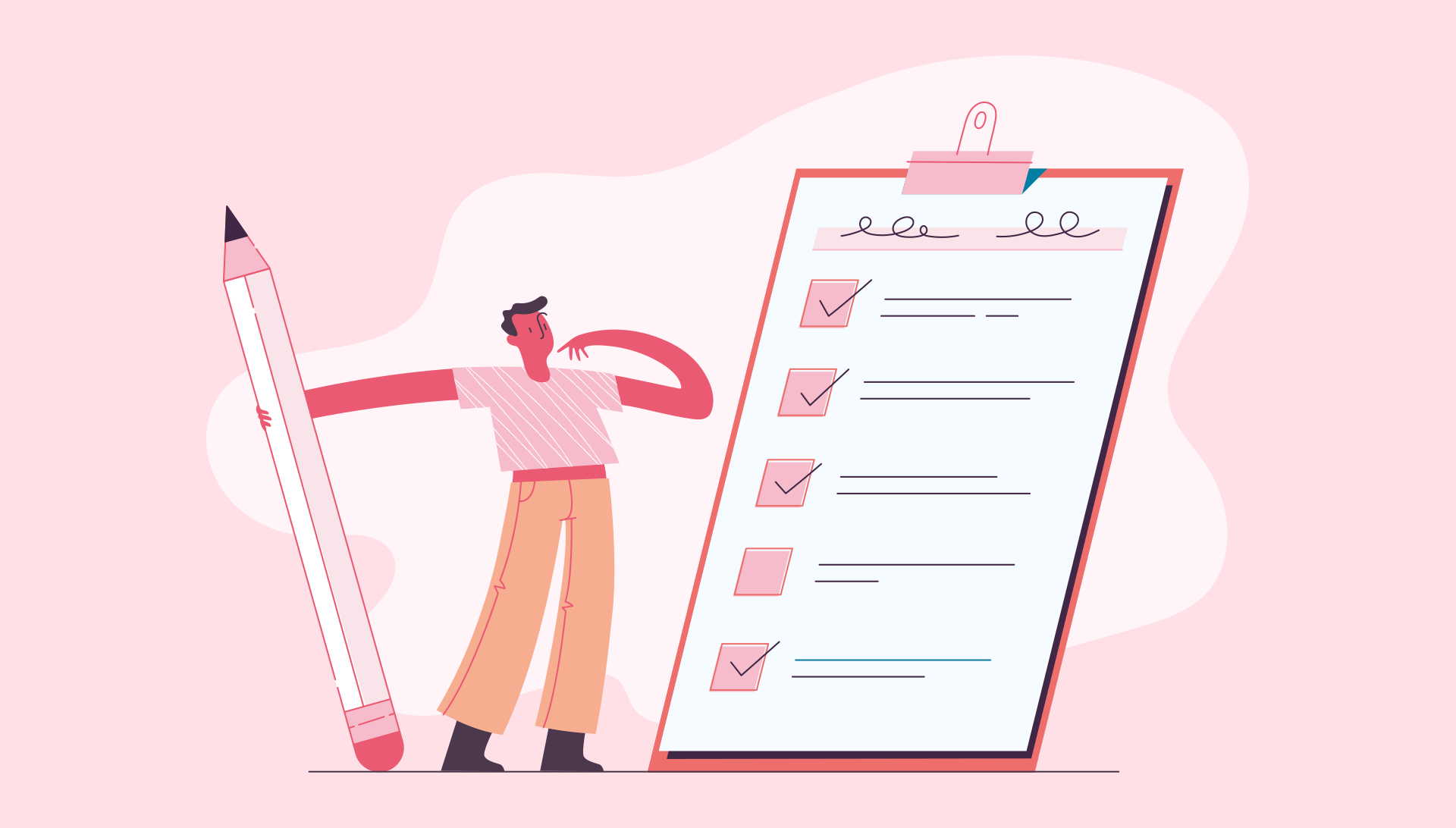 An illustration of a person holding a pencil while considering a checklist on a giant clipboard