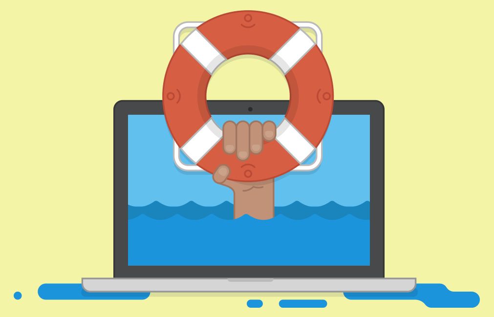 A laptop with the ocean on the screen and a hand with a life preserver coming out