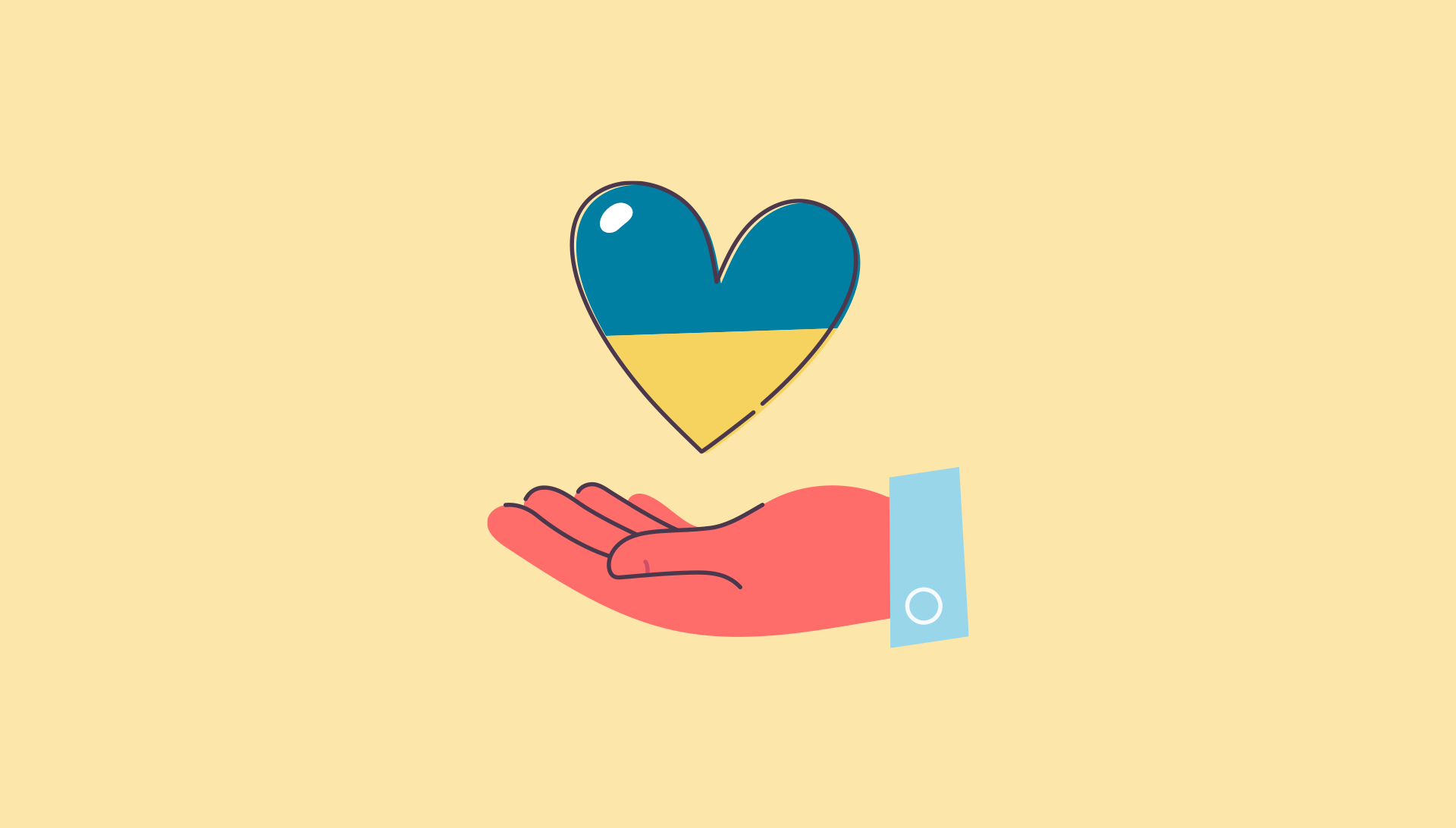 An illustration of an open hand with a heart-shaped Ukrainian flag above it on a yellow background