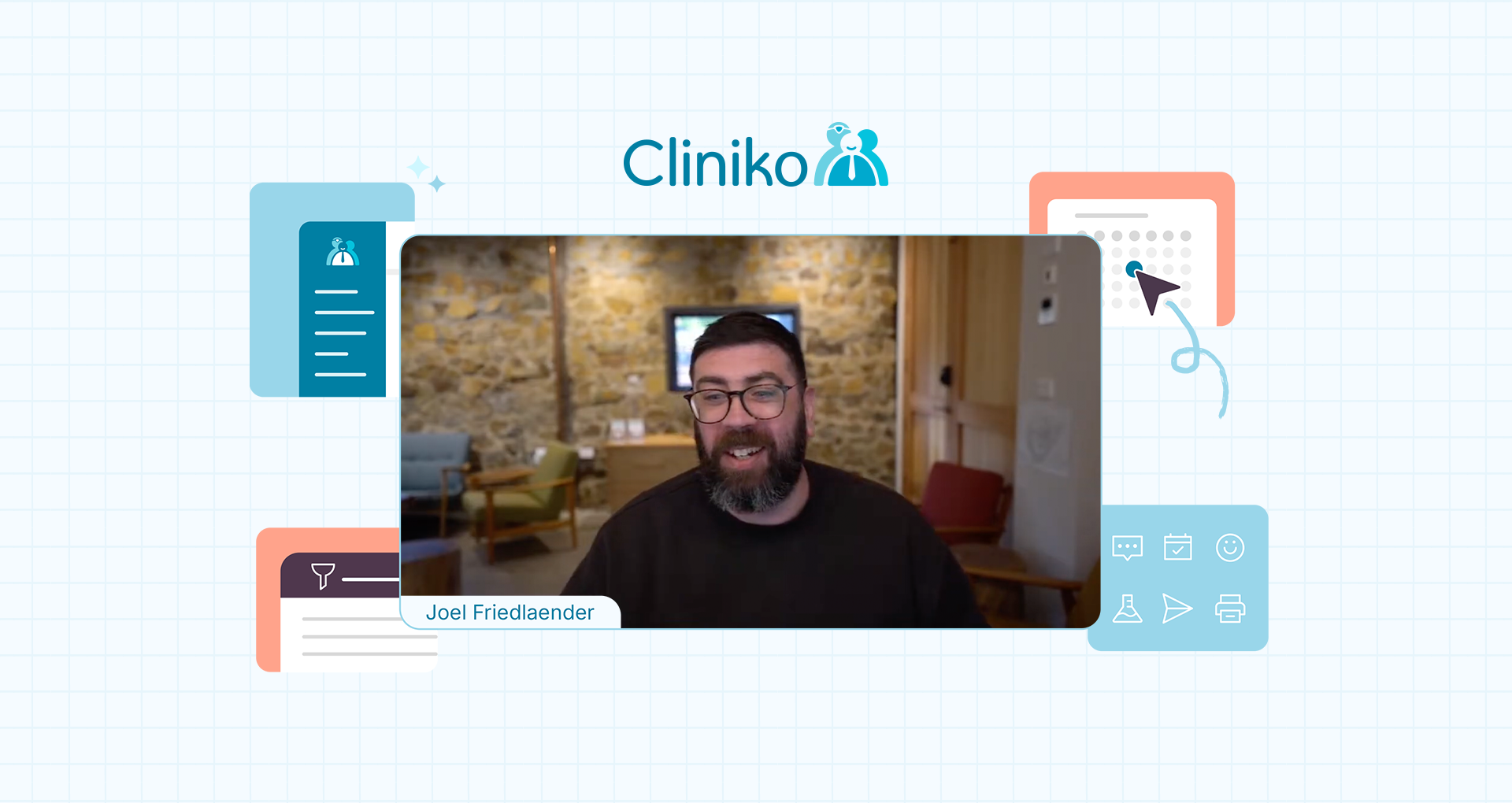 A screenshot of Joel from the latest Cliniko & Coffee live event