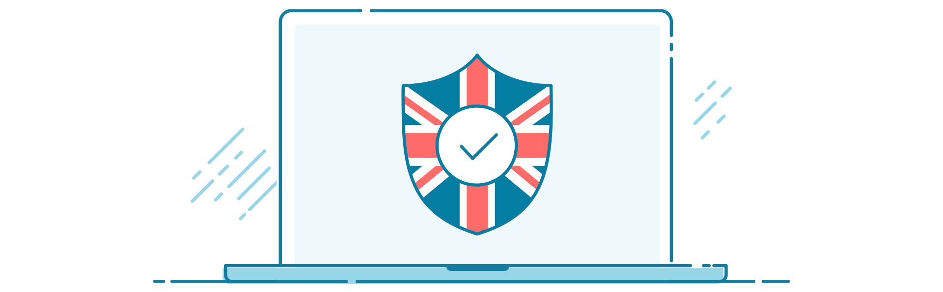 A laptop screen displaying a privacy shield with a British flag.