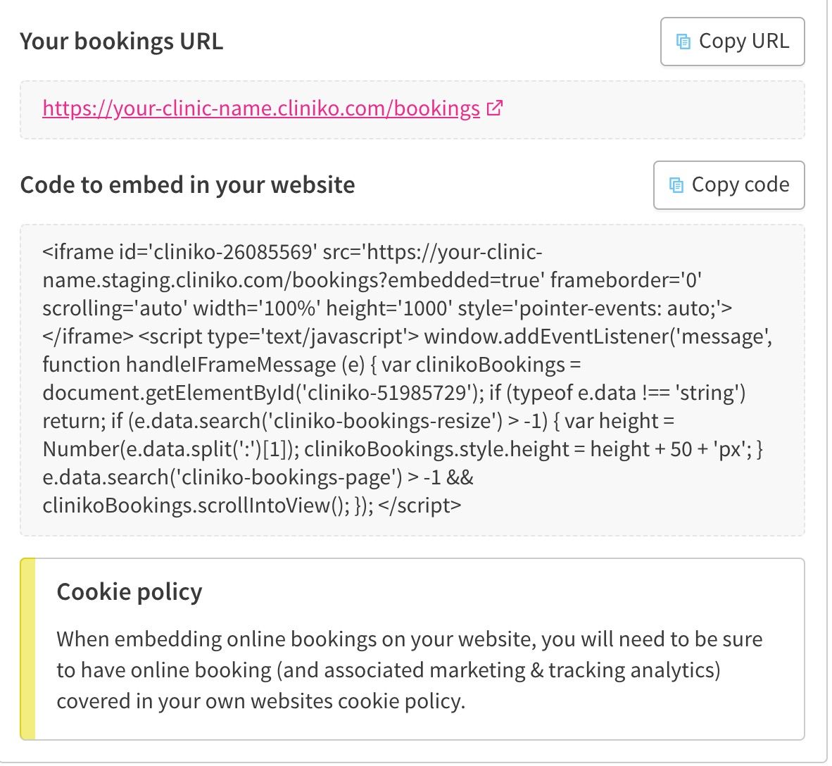 Online bookings embed code