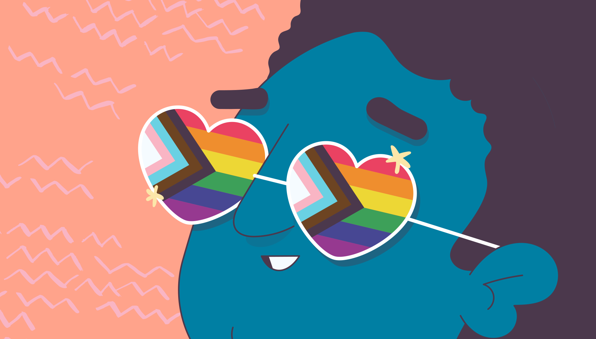 An illustration of a person looking through Pride flag glasses