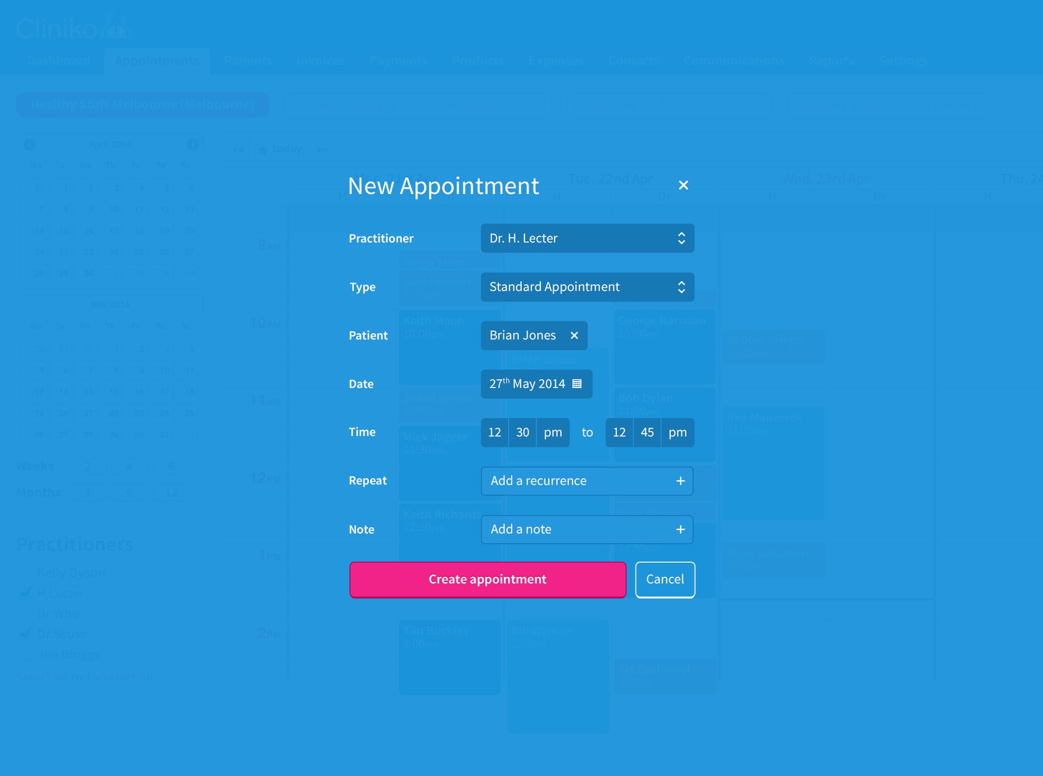 New appointment in a blue modal.