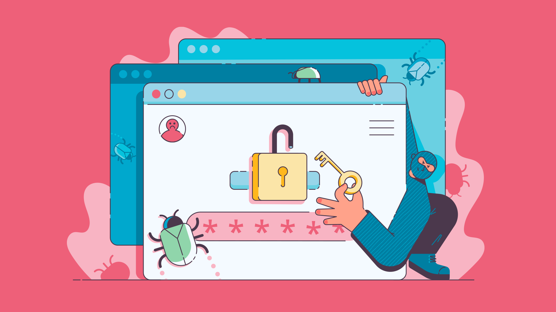 An illustration with a thief holding a key to an online login