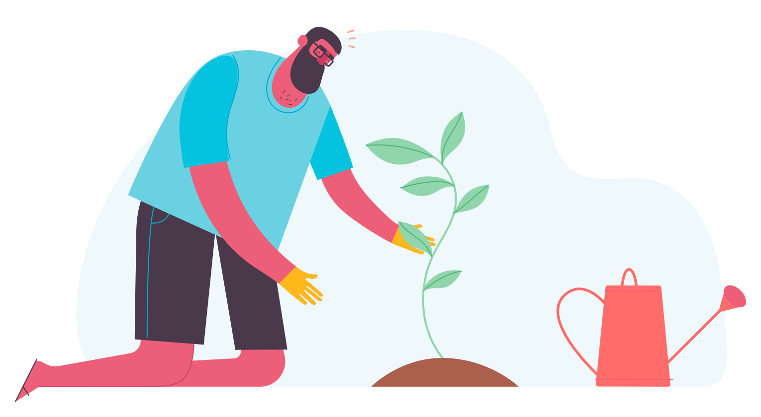 Illustration of a person tending to a plant that is growing