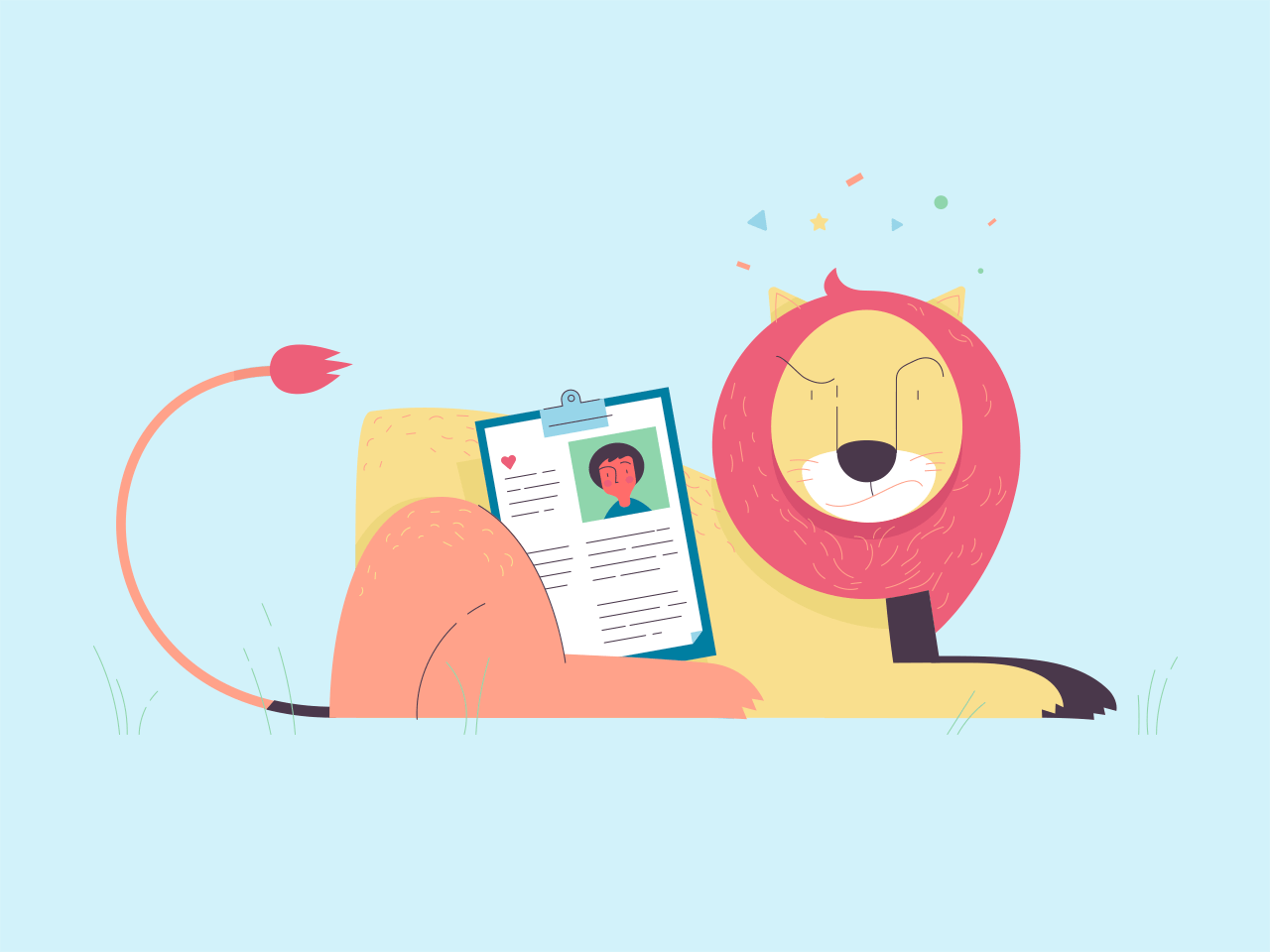 Ilustration of a lion guarding a clipboard with patient information