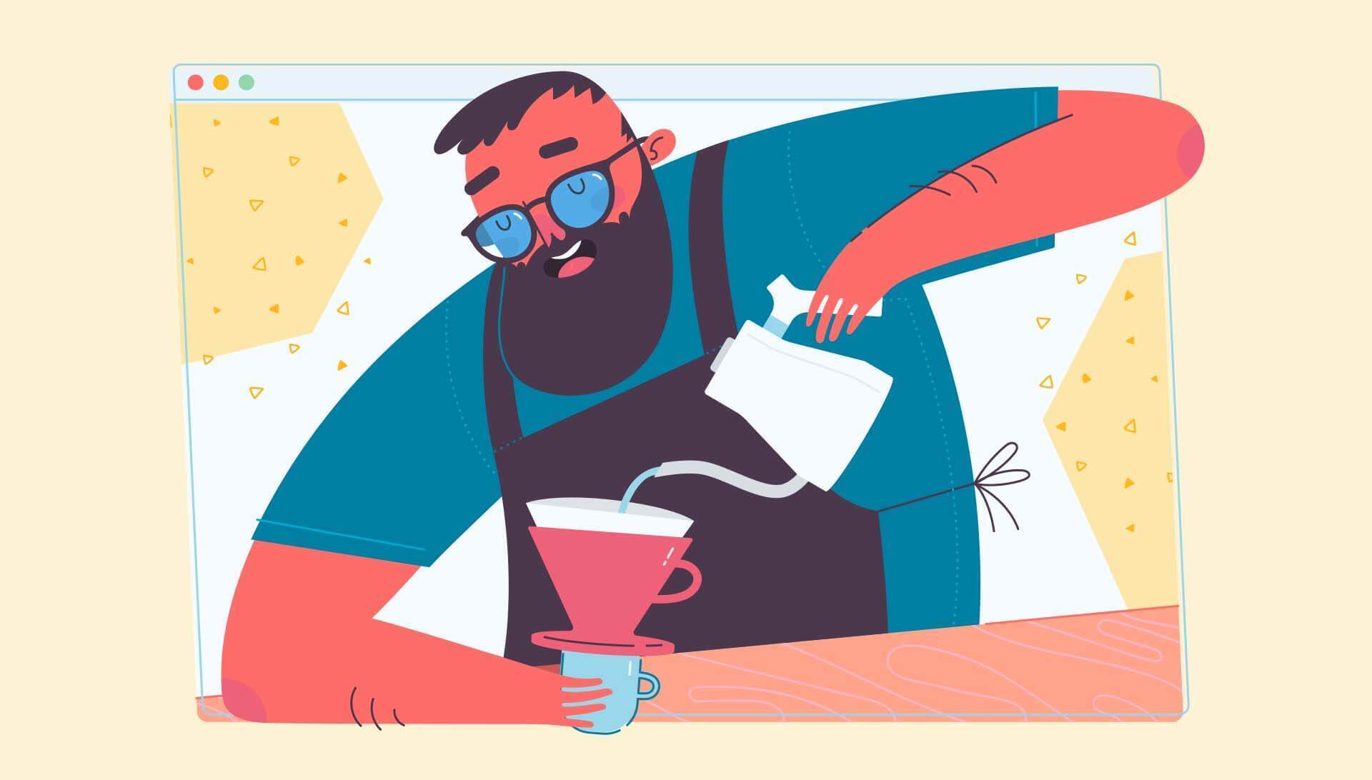 An illustration of Joel wearing black apron and making a coffee with a filter.